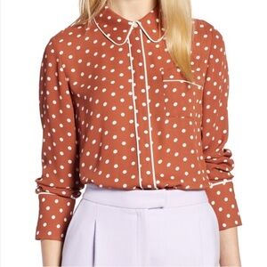 Halogen x Atlantic-Pacific Hidden Placket Brown Polka Dot Blouse